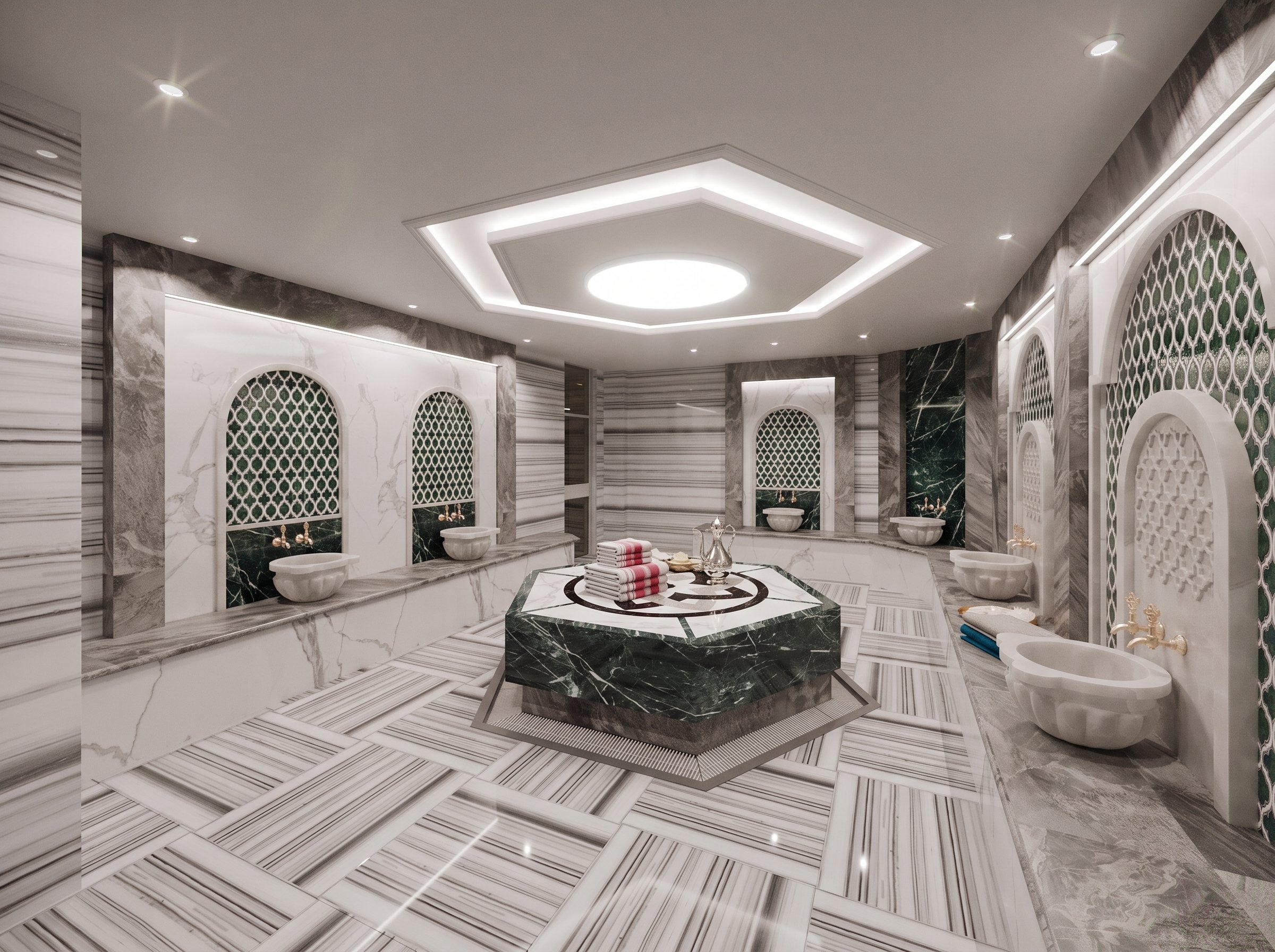 Visualisierung des Hamam mit sechseckigem Podest aus grünem Marmor und Waschbecken in gefliesten Nischen