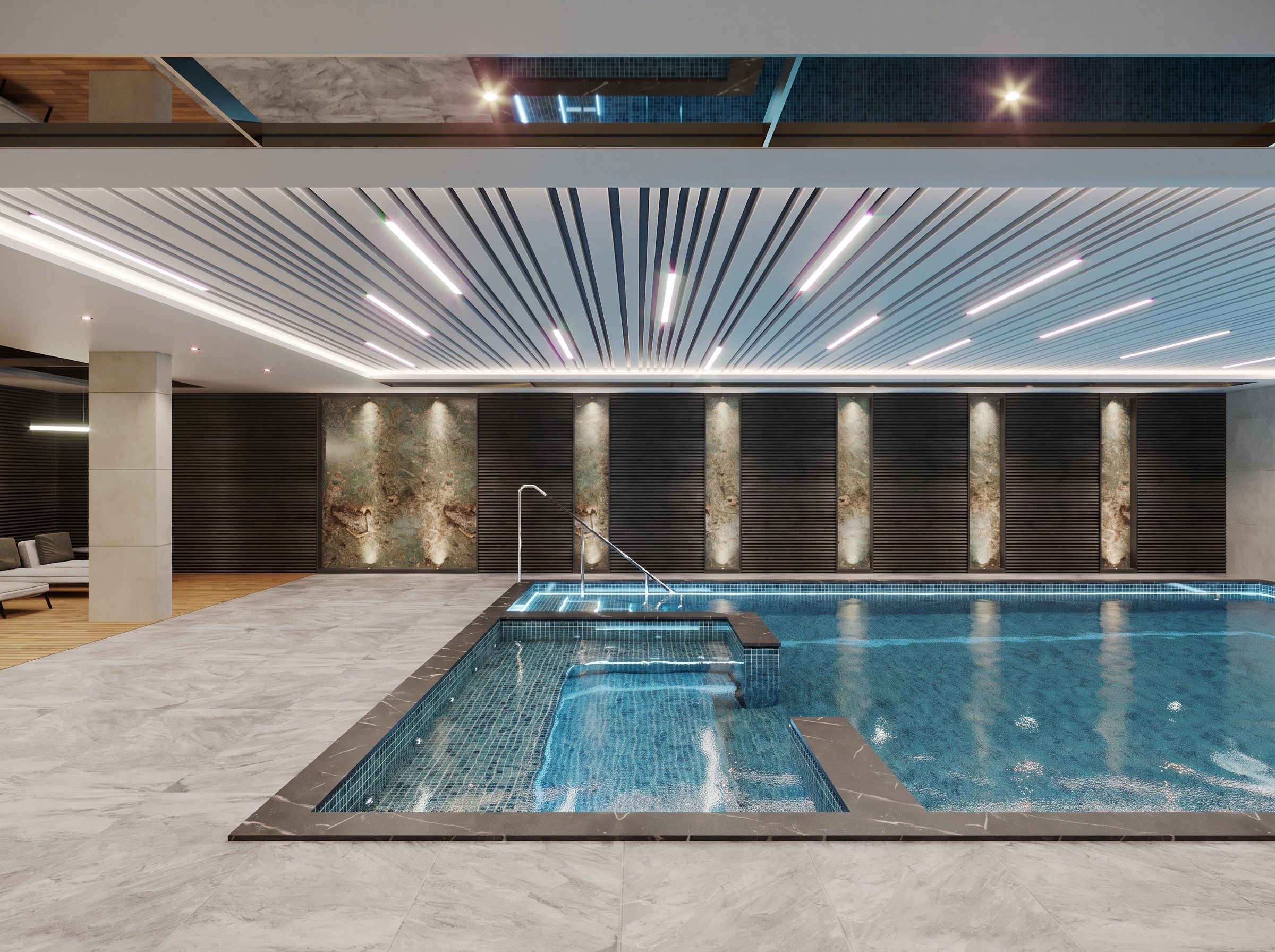 Visualisierung des Innenpools mit beleuchteter Wand und Treppe ins Becken