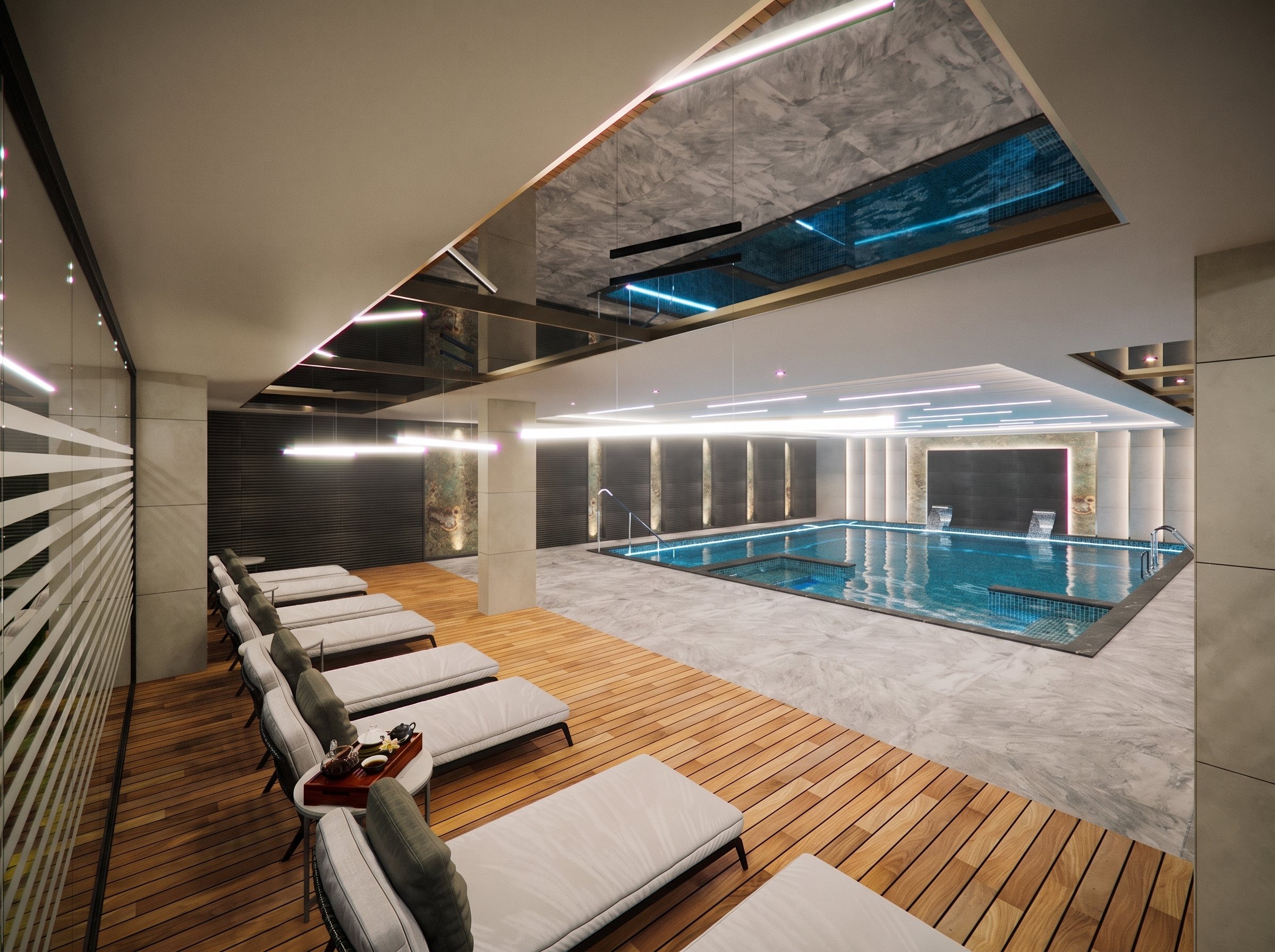Visualisierung des Innenpools mit Liegen auf einem Holzdeck am Beckenrand