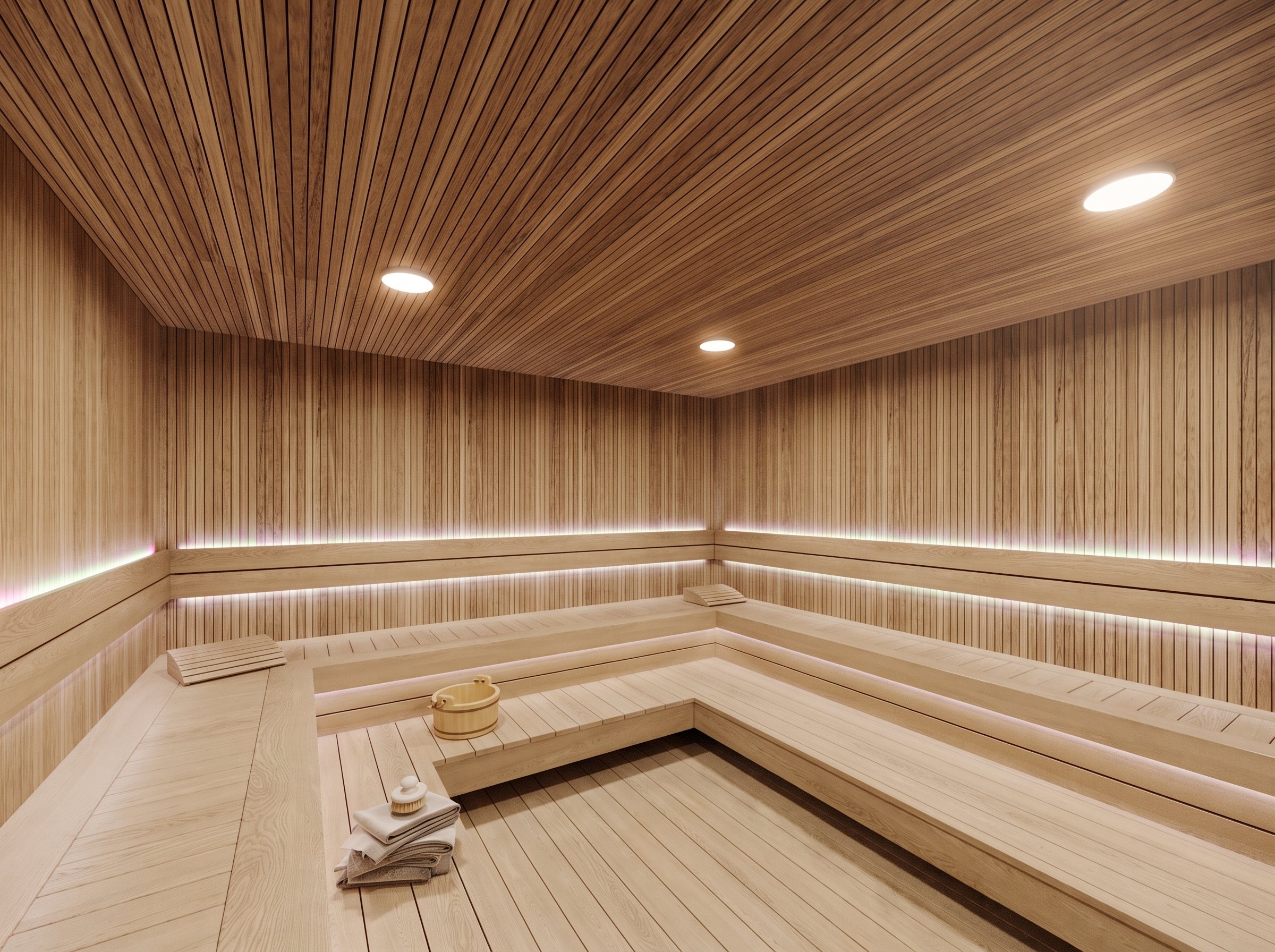 Visualisierung der Sauna mit umlaufenden Holzbänken auf zwei Ebenen
