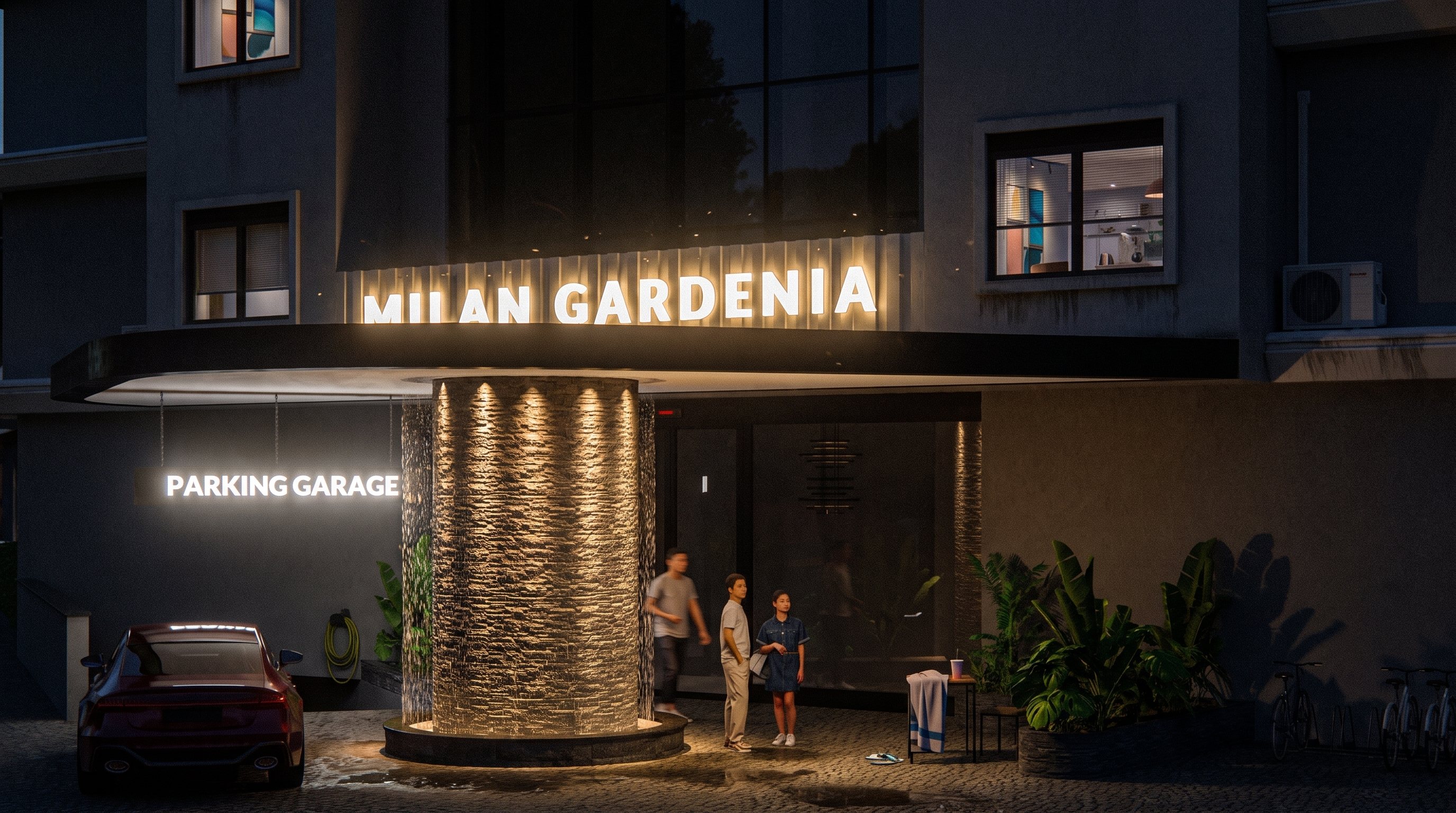 Visualisierung des beleuchteten Eingangs von Milan Gardenia
