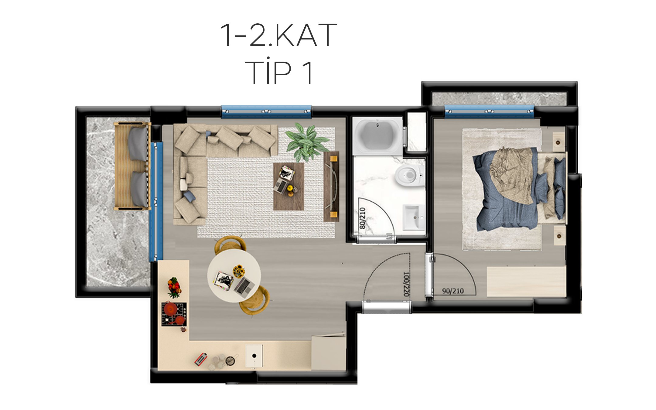 Grundriss eines 1+1 Apartments, Typ 1, mit Schlafzimmer, Wohnraum mit offener Küche, Bad und zwei Balkonen