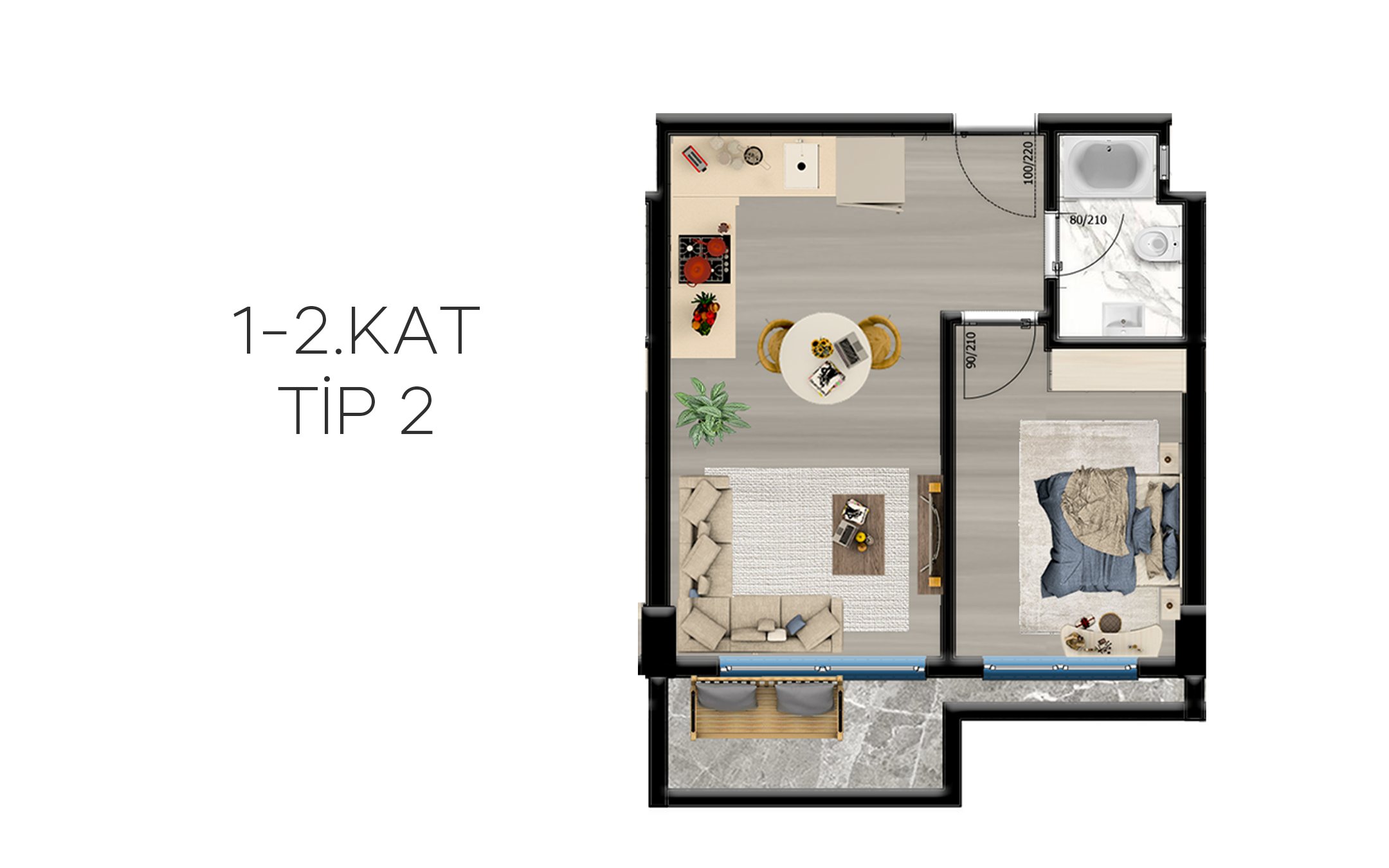 Grundriss eines 1+1 Apartments, Typ 2, mit Schlafzimmer, Wohnraum mit offener Küche, Bad und Balkon