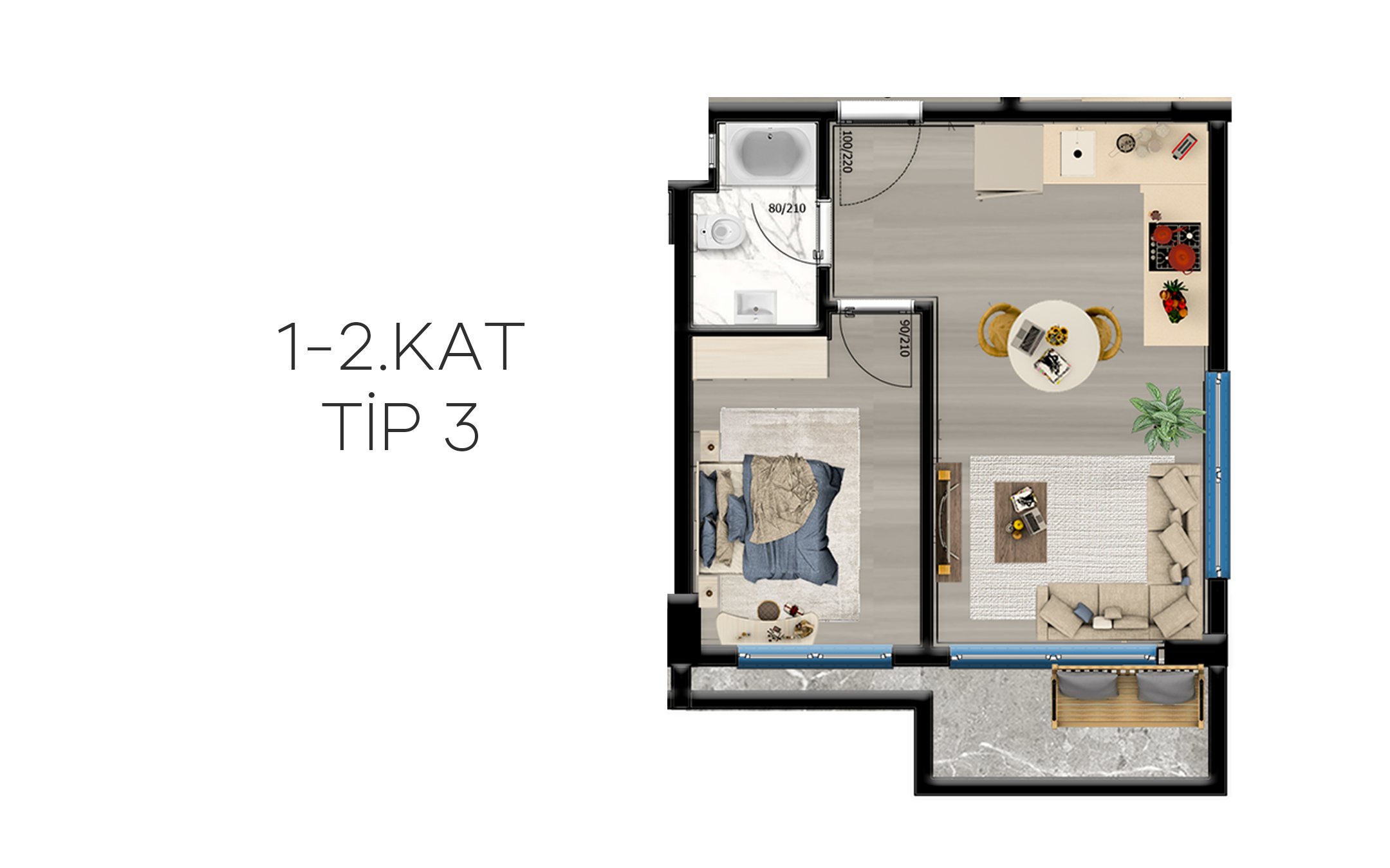 Grundriss eines 1+1 Apartments, Typ 3, mit Schlafzimmer, Wohnraum mit offener Küche, Bad und Balkon