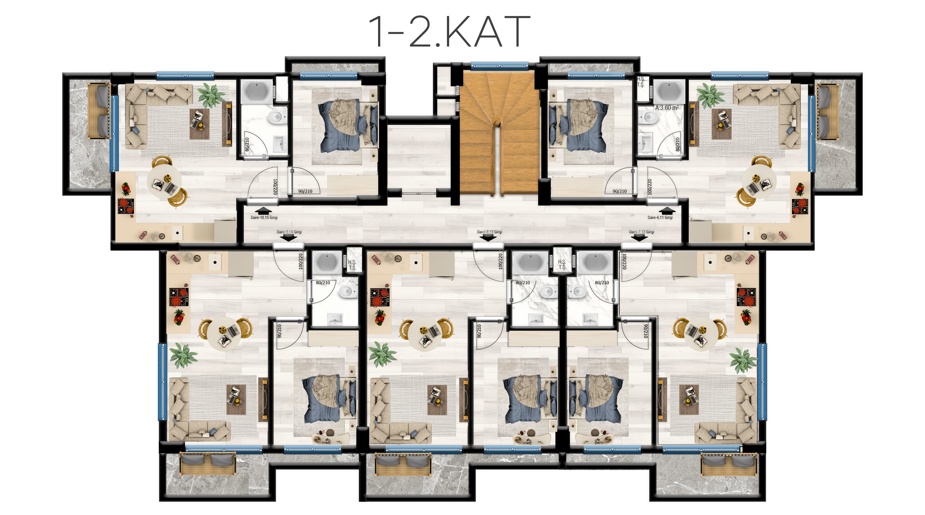 Grundriss der ersten und zweiten Etage mit allen Apartments, Treppenhaus und Fluren