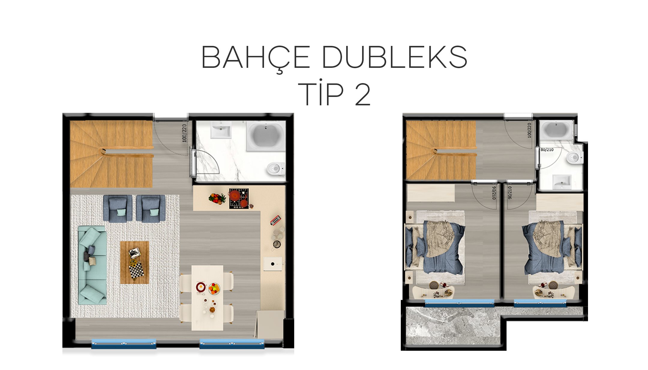 Grundriss eines 2+1 Garten-Duplex über zwei Ebenen, unten Wohnraum mit offener Küche, oben zwei Schlafzimmer