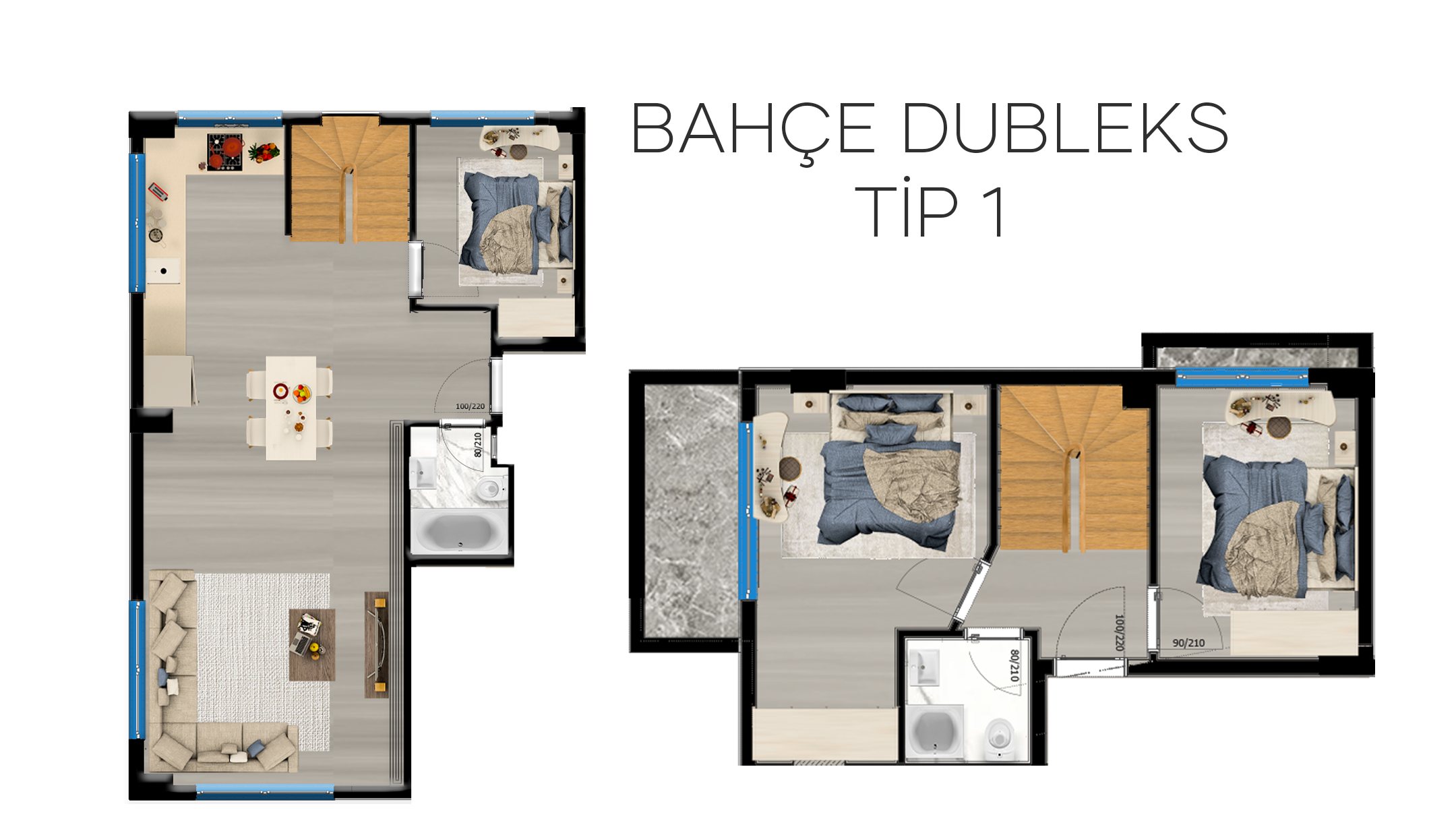 Grundriss eines 3+1 Garten-Duplex über zwei Ebenen, unten Wohnraum mit offener Küche und ein Schlafzimmer, oben zwei Schlafzimmer