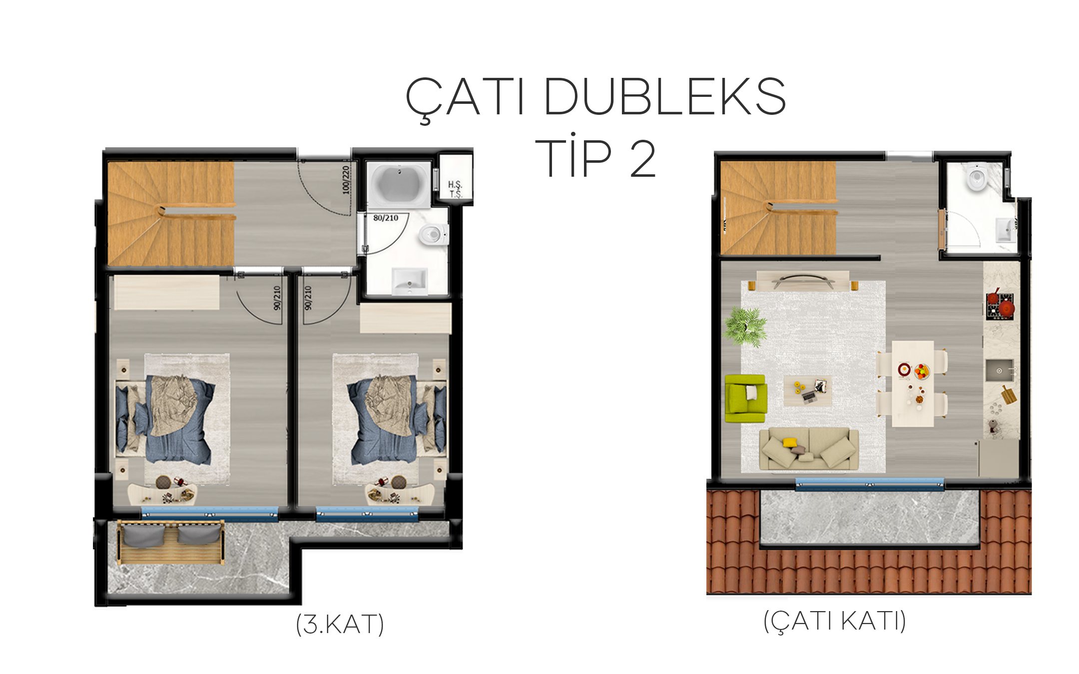 Grundriss eines 2+1 Penthouse, Typ 2, unten zwei Schlafzimmer, oben Wohnraum mit offener Küche auf der Dachebene