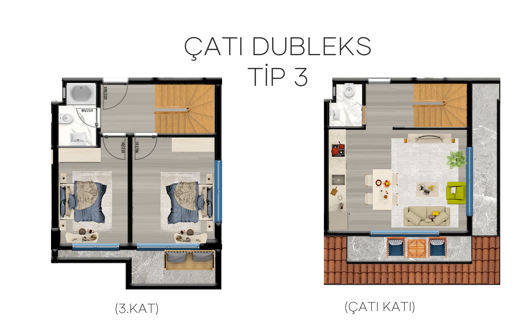 Grundriss eines 2+1 Penthouse, Typ 3, unten zwei Schlafzimmer, oben Wohnraum mit offener Küche auf der Dachebene