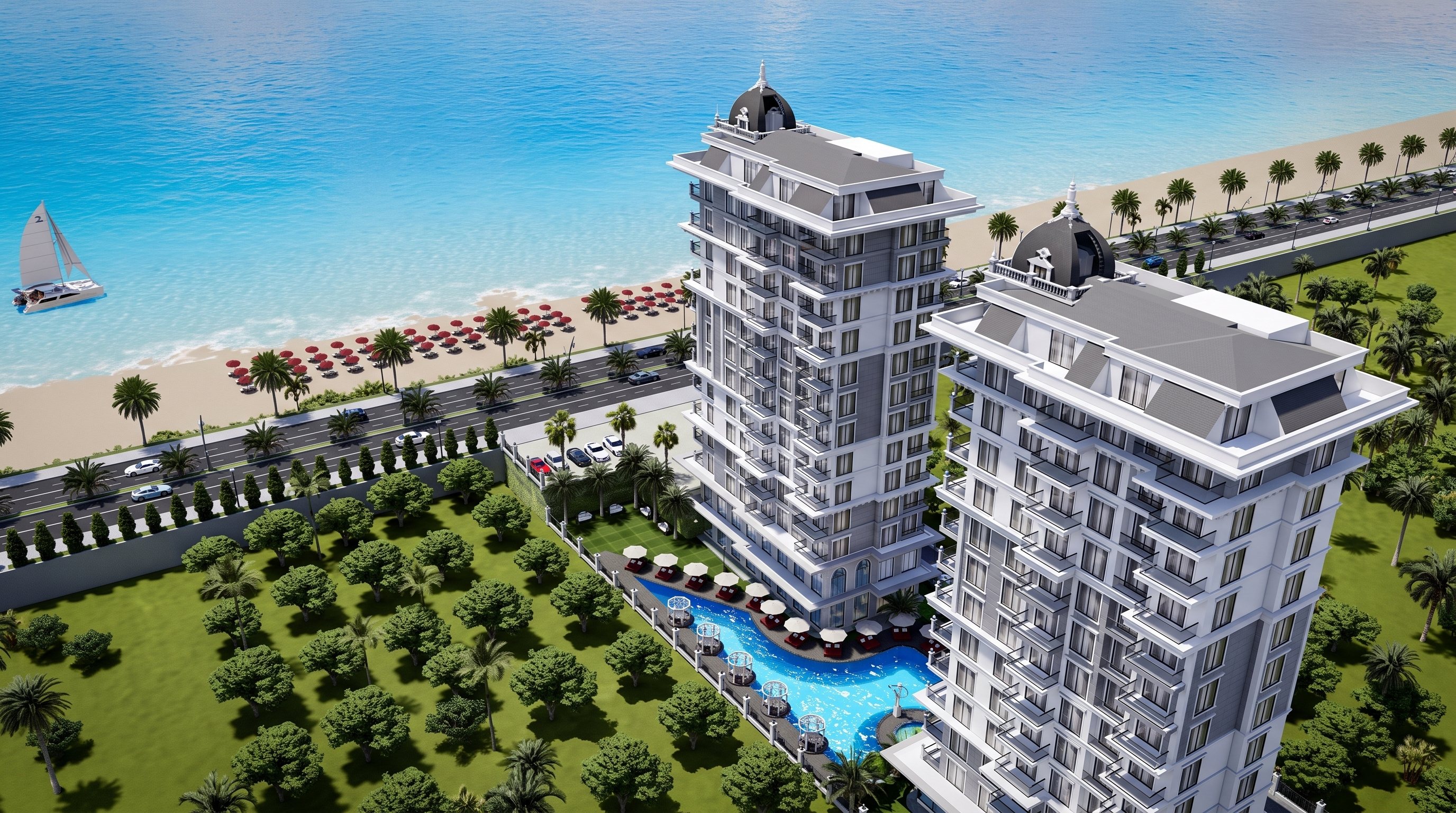 Visualisierung von Milan Towers aus der Luft mit Pool, Anlage und Küste