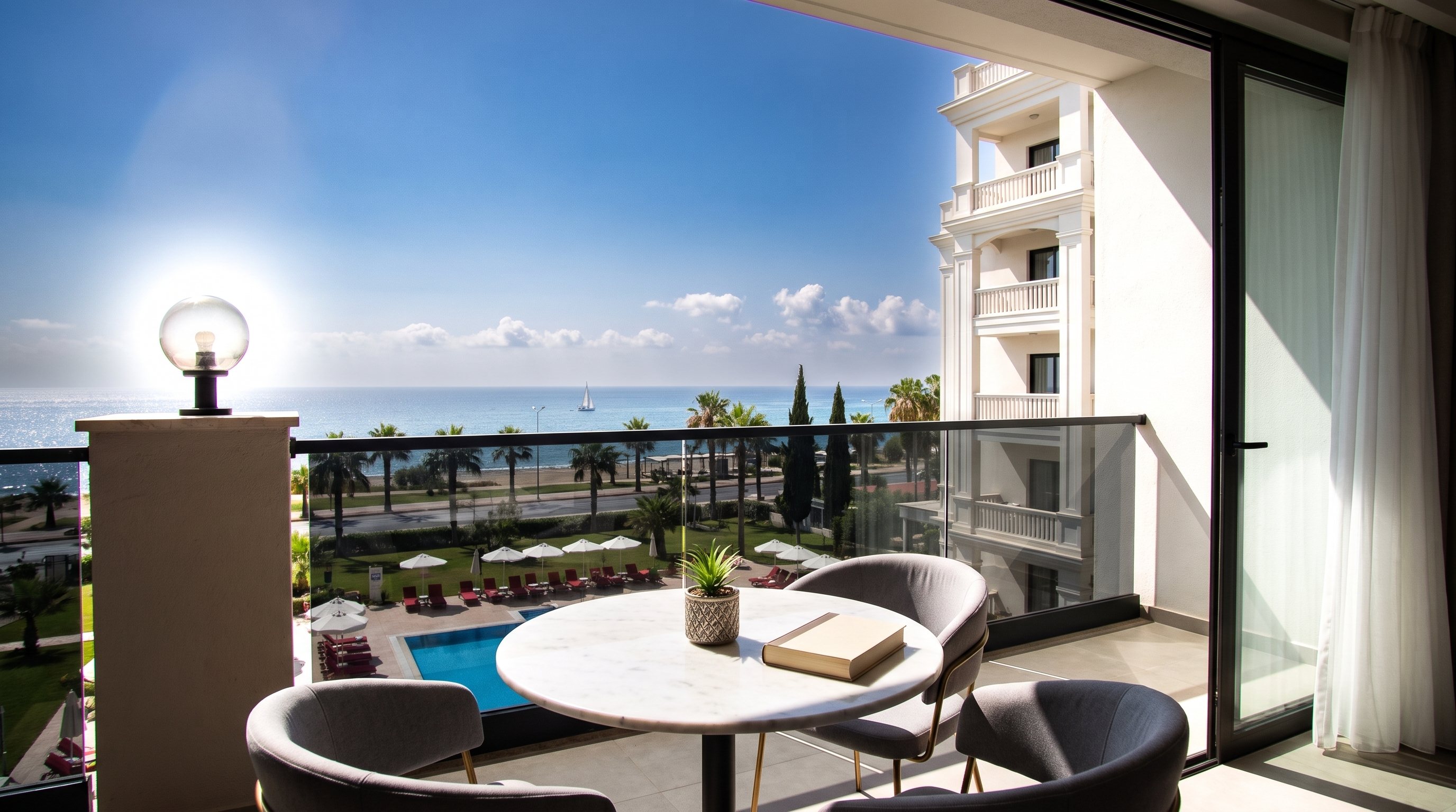 Visualisierung eines Balkons bei Milan Towers mit Blick auf Pool und Meer bei Tag