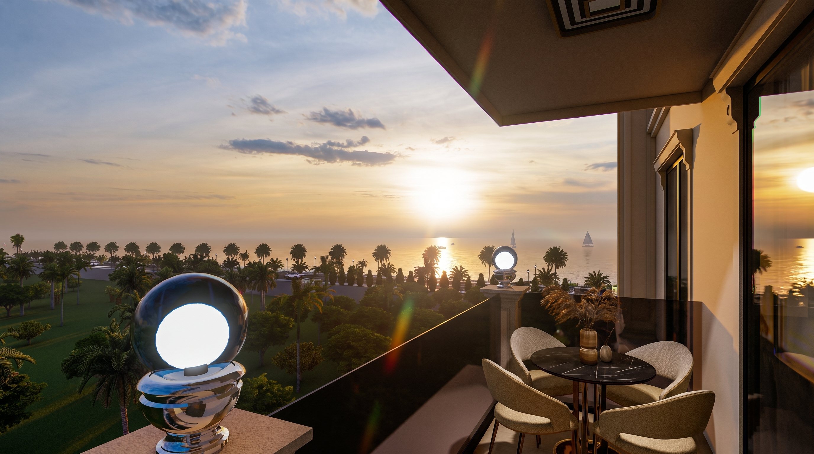 Visualisierung eines Balkons bei Milan Towers mit Blick auf das Meer bei Sonnenuntergang