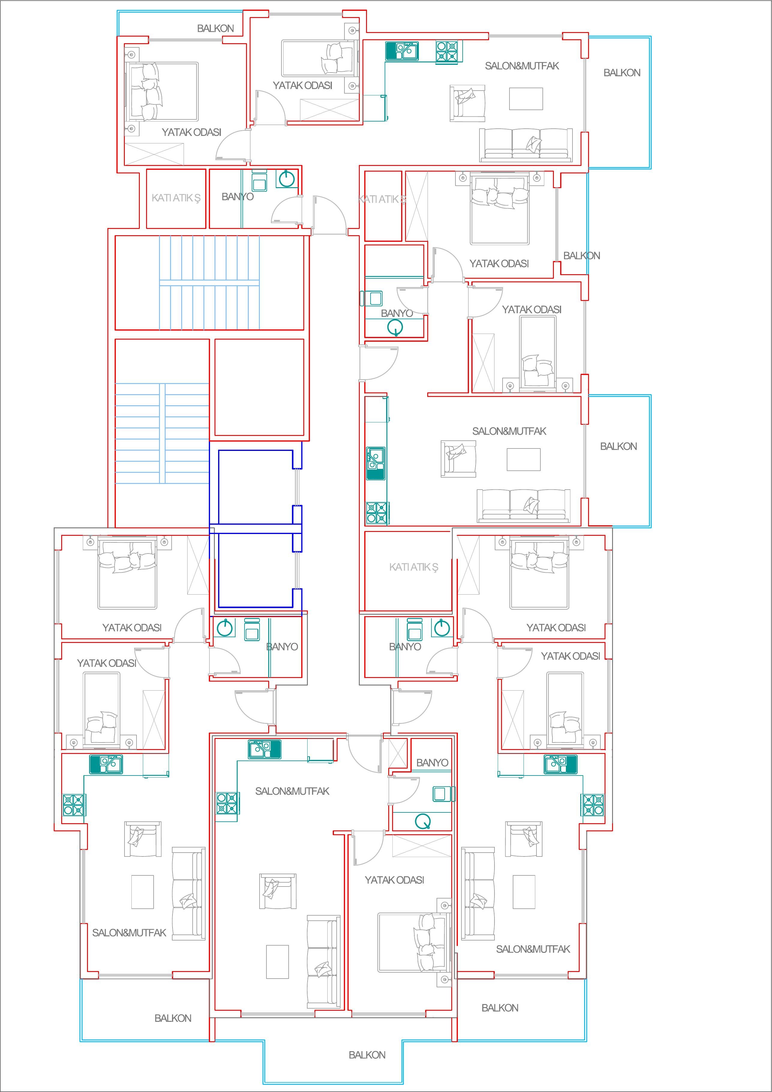 Etagengrundriss von Block A bei Milan Towers mit Wohnungen, Balkonen und Treppenhaus