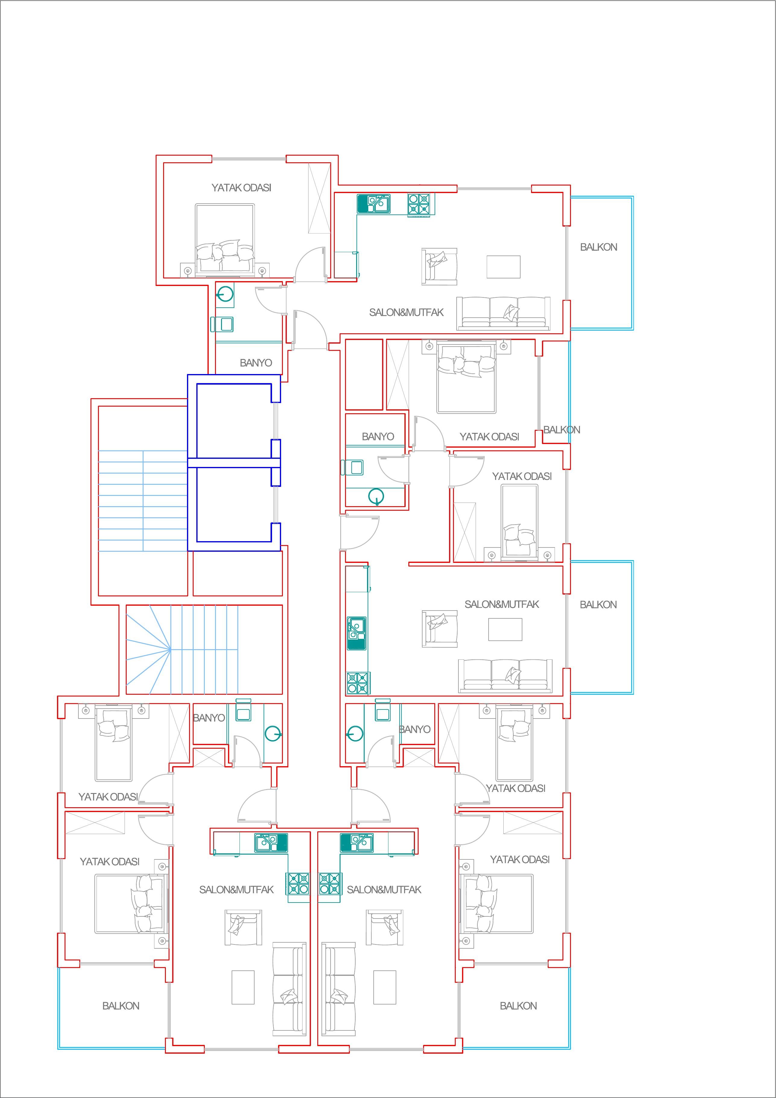 Etagengrundriss von Block B bei Milan Towers mit Wohnungen, Balkonen und Treppenhaus
