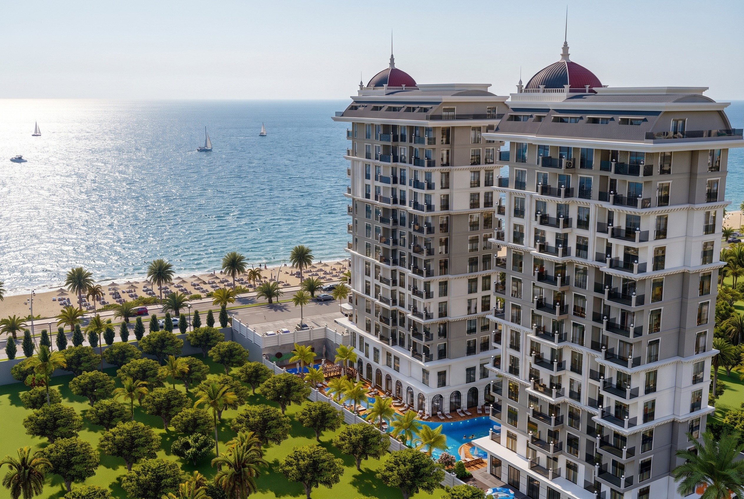 Visualisierung der beiden Tuerme von Milan Towers am Meer mit Strand und Pool