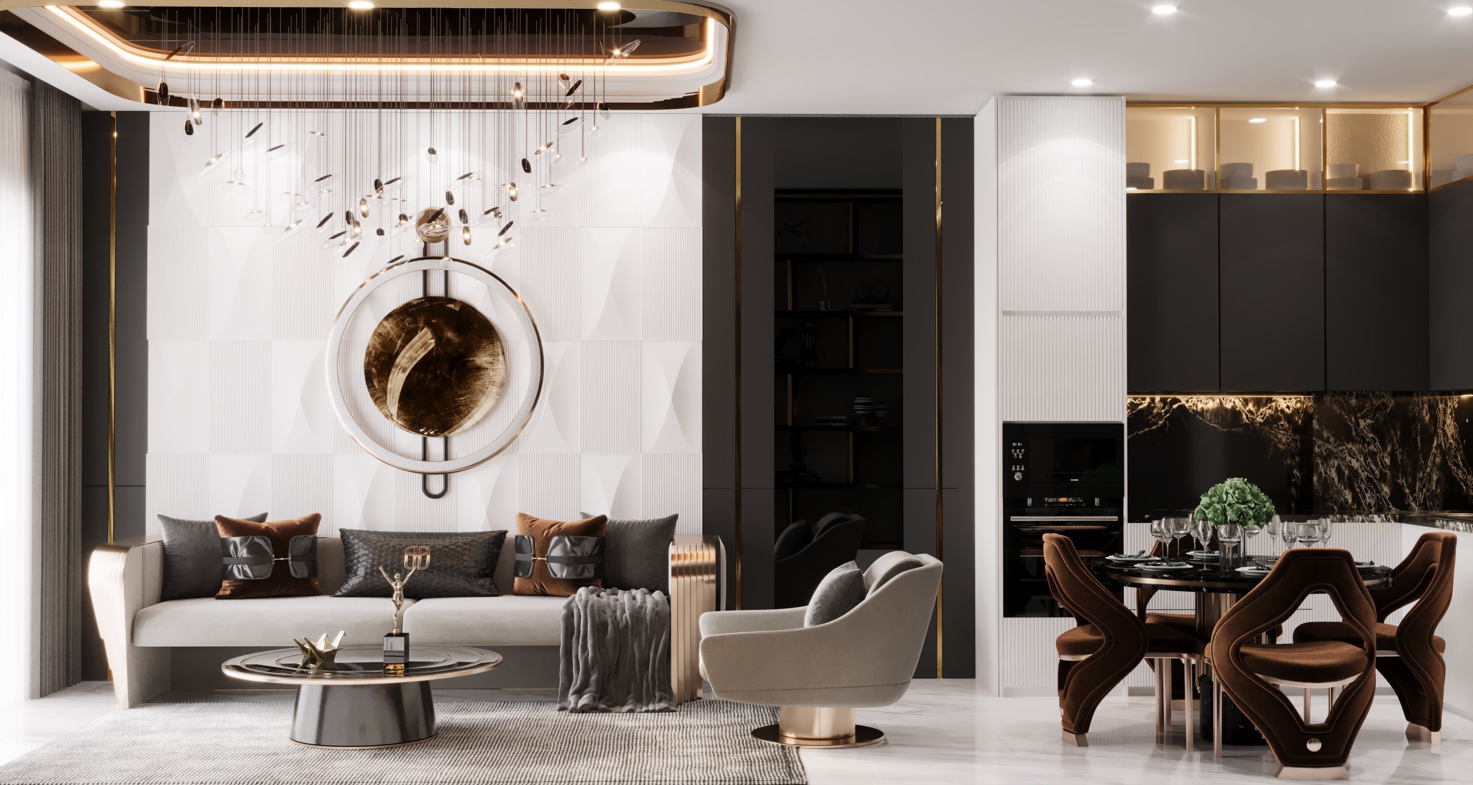 Innenraumvisualisierung Milan Towers: Wohnraum mit heller Couch, Leuchterinstallation und offener Küche mit rundem Esstisch