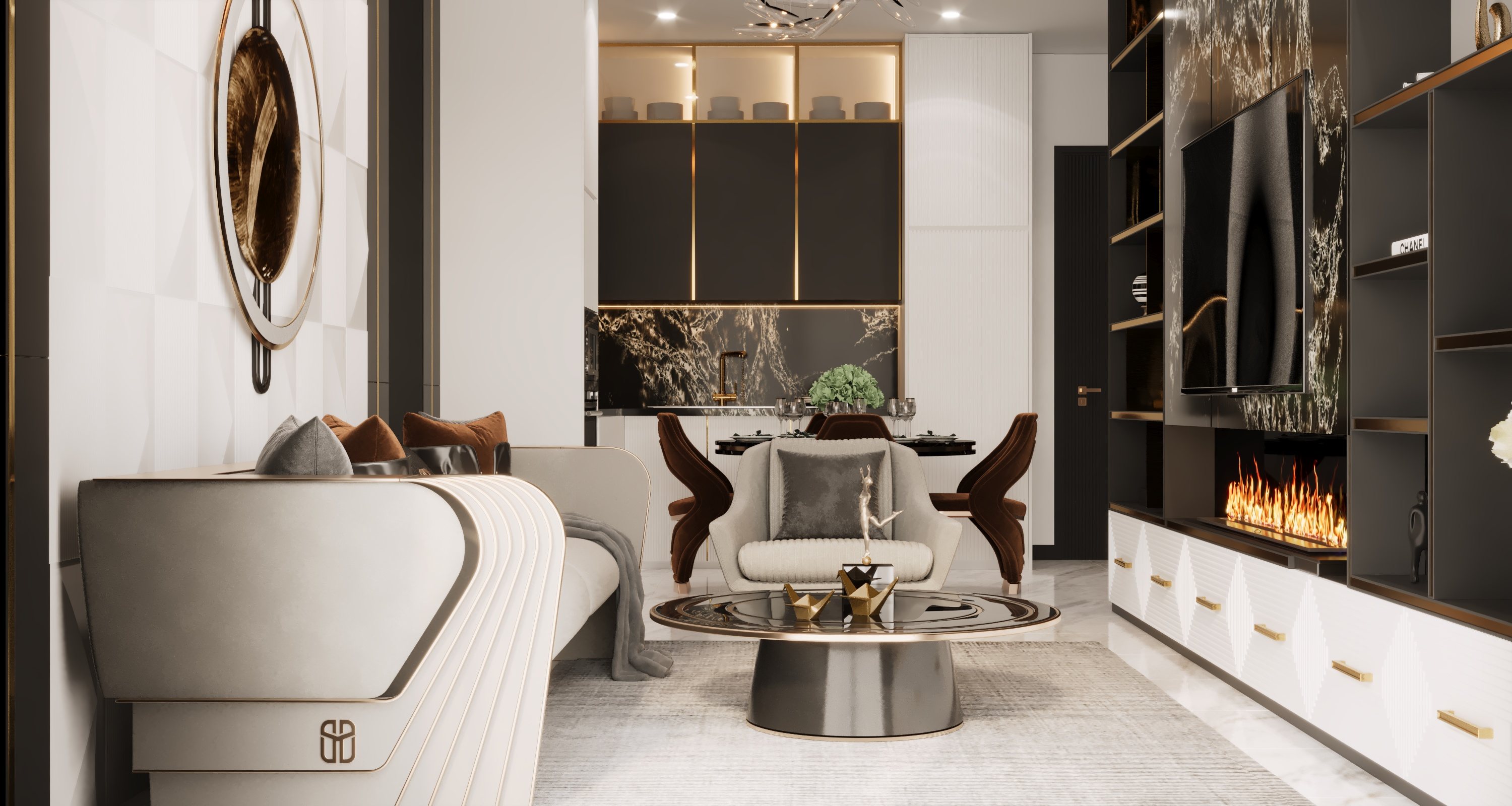 Innenraumvisualisierung Milan Towers: Wohnraum mit Sofa, Sessel und Fernsehwand mit Kaminfeuer, dahinter der Essplatz