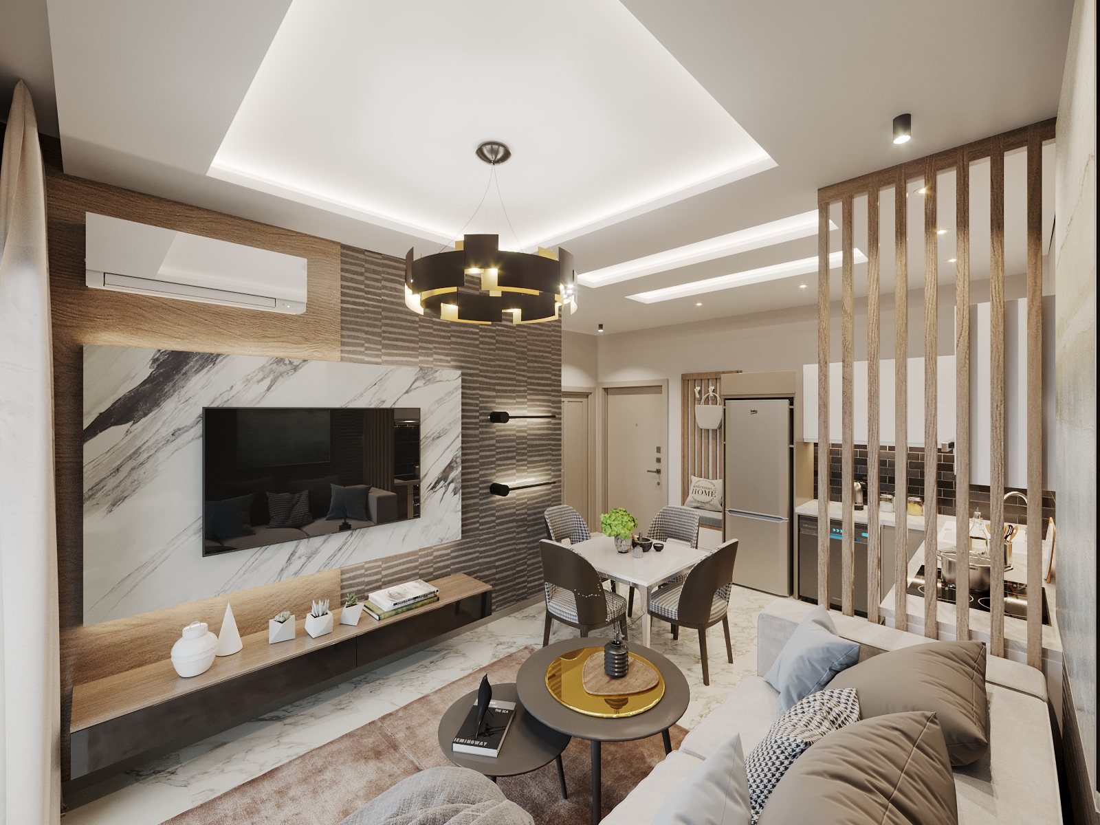 Visualisierung 1+1 Apartment: Wohnraum mit Fernsehwand aus Marmor, Esstisch und Sofa, dahinter ein Raumteiler aus Holzlamellen