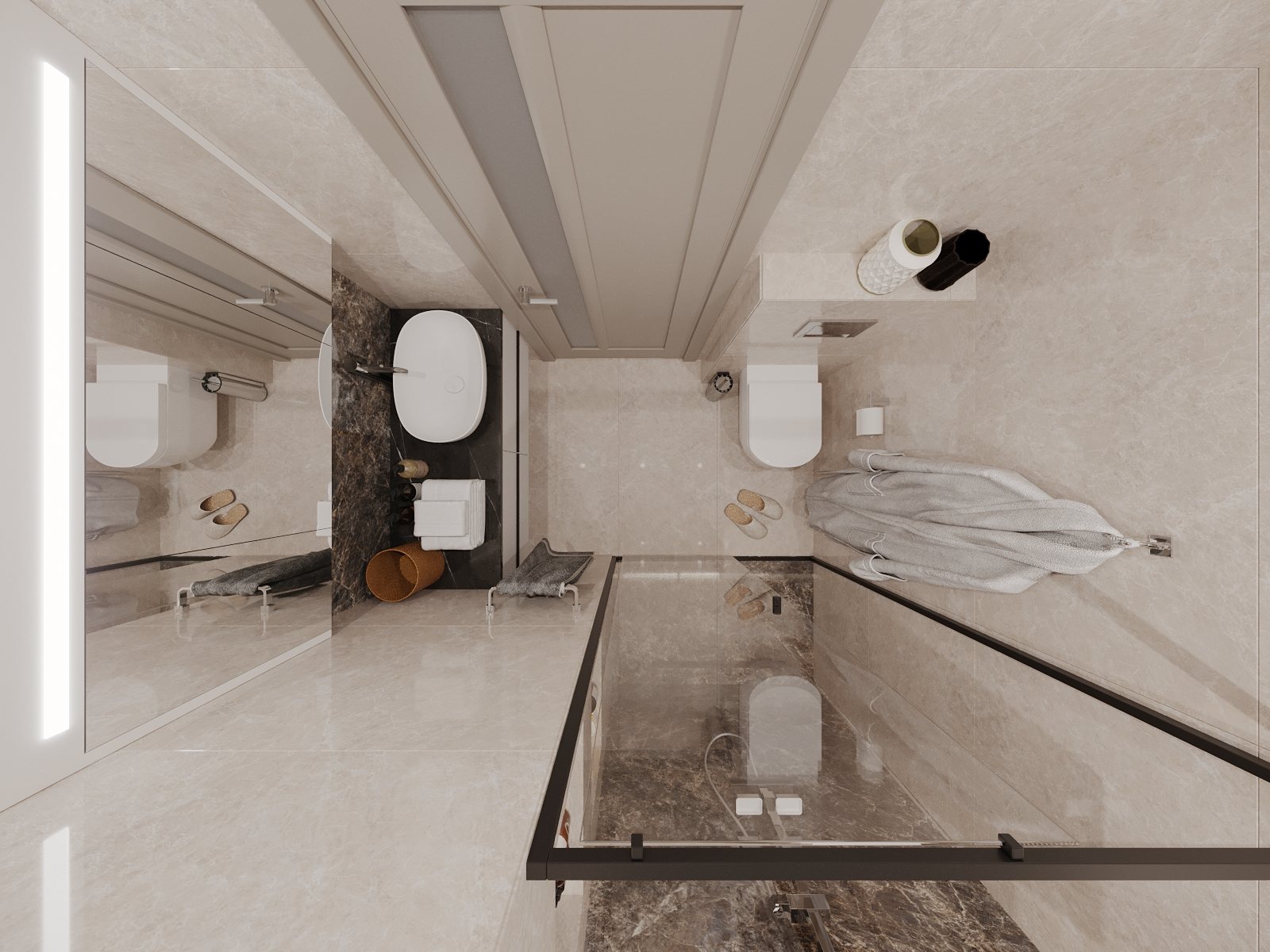 Visualisierung 1+1 Apartment: Badezimmer mit begehbarer Dusche hinter Glas, Waschtisch und Bademantel