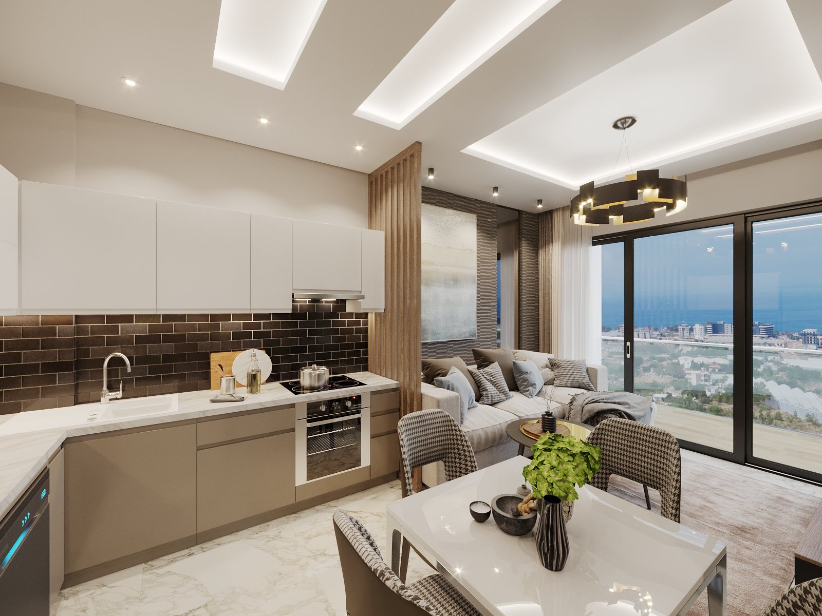 Visualisierung 1+1 Apartment: Offene Küche mit Wohnbereich, durch die Fensterfront geht der Blick über die Stadt aufs Meer