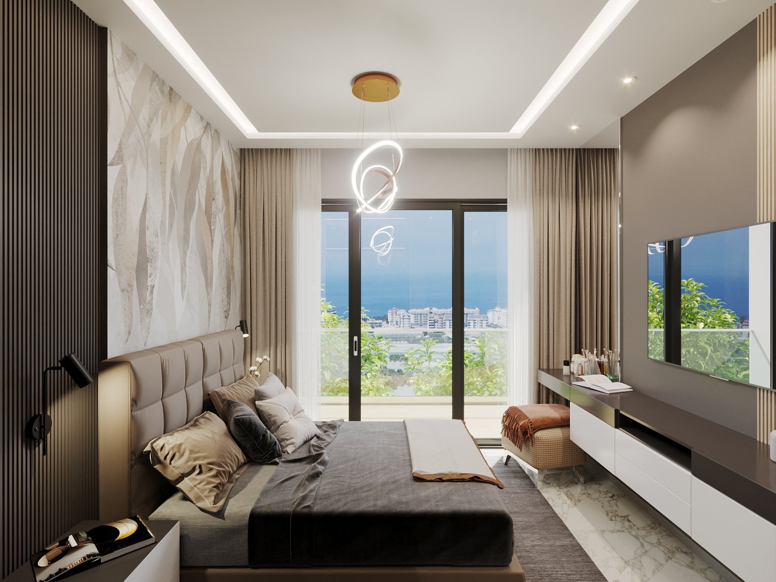 Visualisierung 1+1 Apartment: Schlafbereich mit Doppelbett und Fernsehwand, durch die Balkontür der Blick aufs Meer