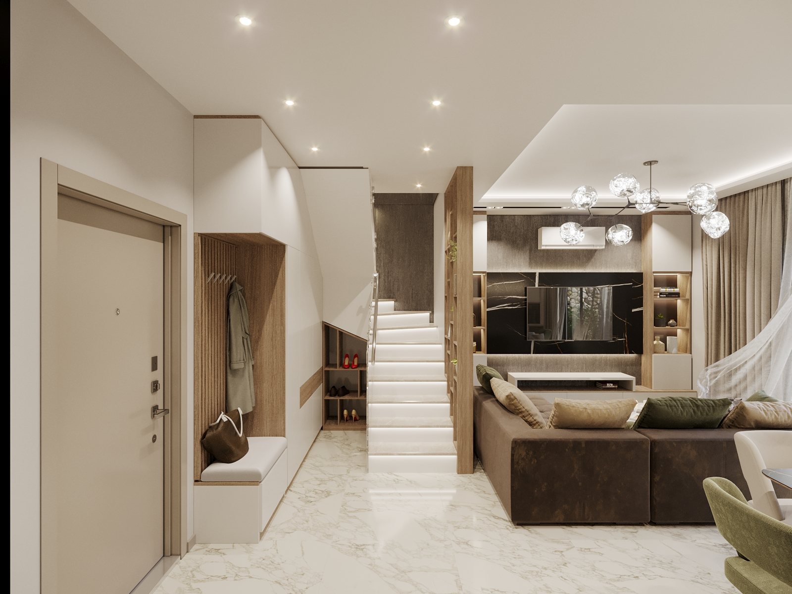 Visualisierung 2+1 Garten-Duplex: Eingangsbereich mit Garderobe und Treppe in das obere Geschoss, rechts der Wohnbereich