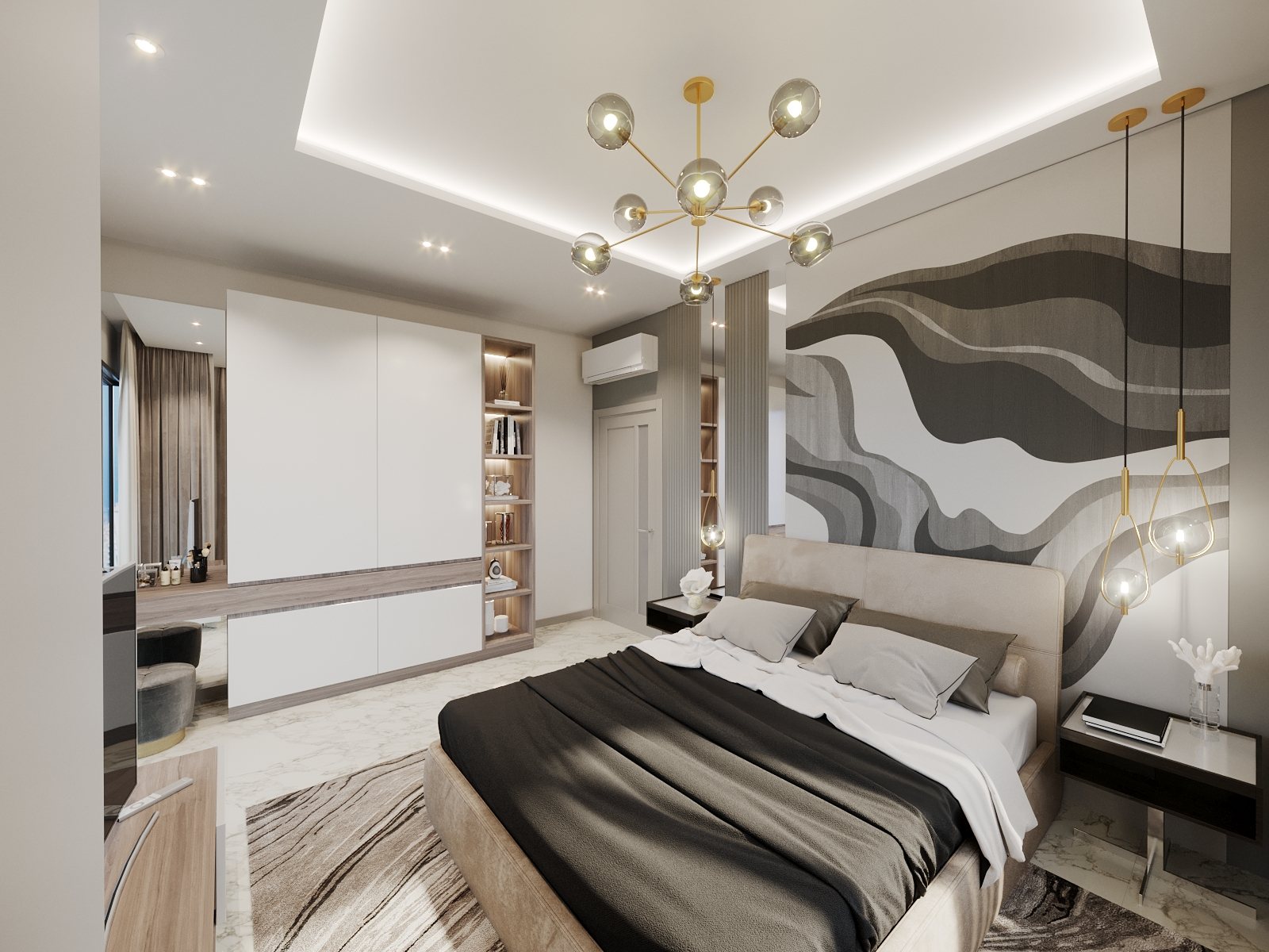 Visualisierung 2+1 Garten-Duplex: Schlafzimmer mit Doppelbett, Wandbild und weißem Kleiderschrank
