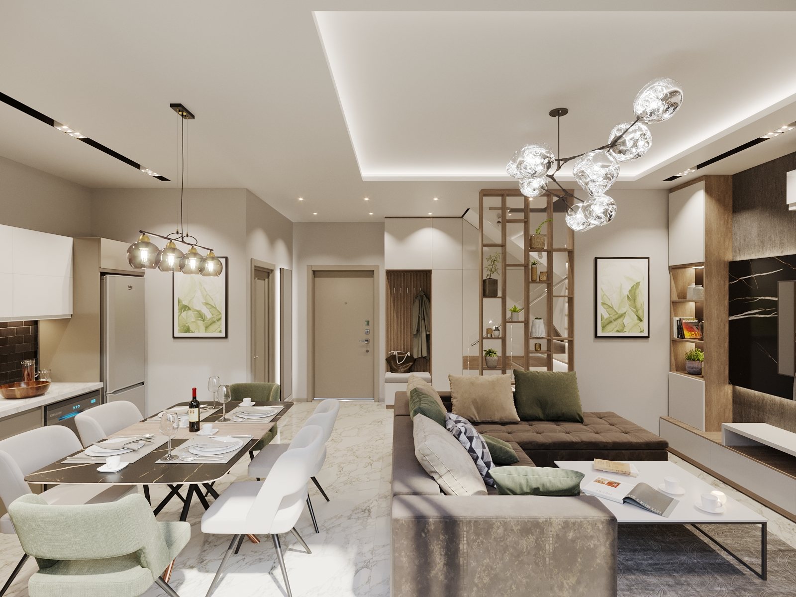 Visualisierung 2+1 Garten-Duplex: Offener Wohnraum mit Essplatz, Sofa und Küche