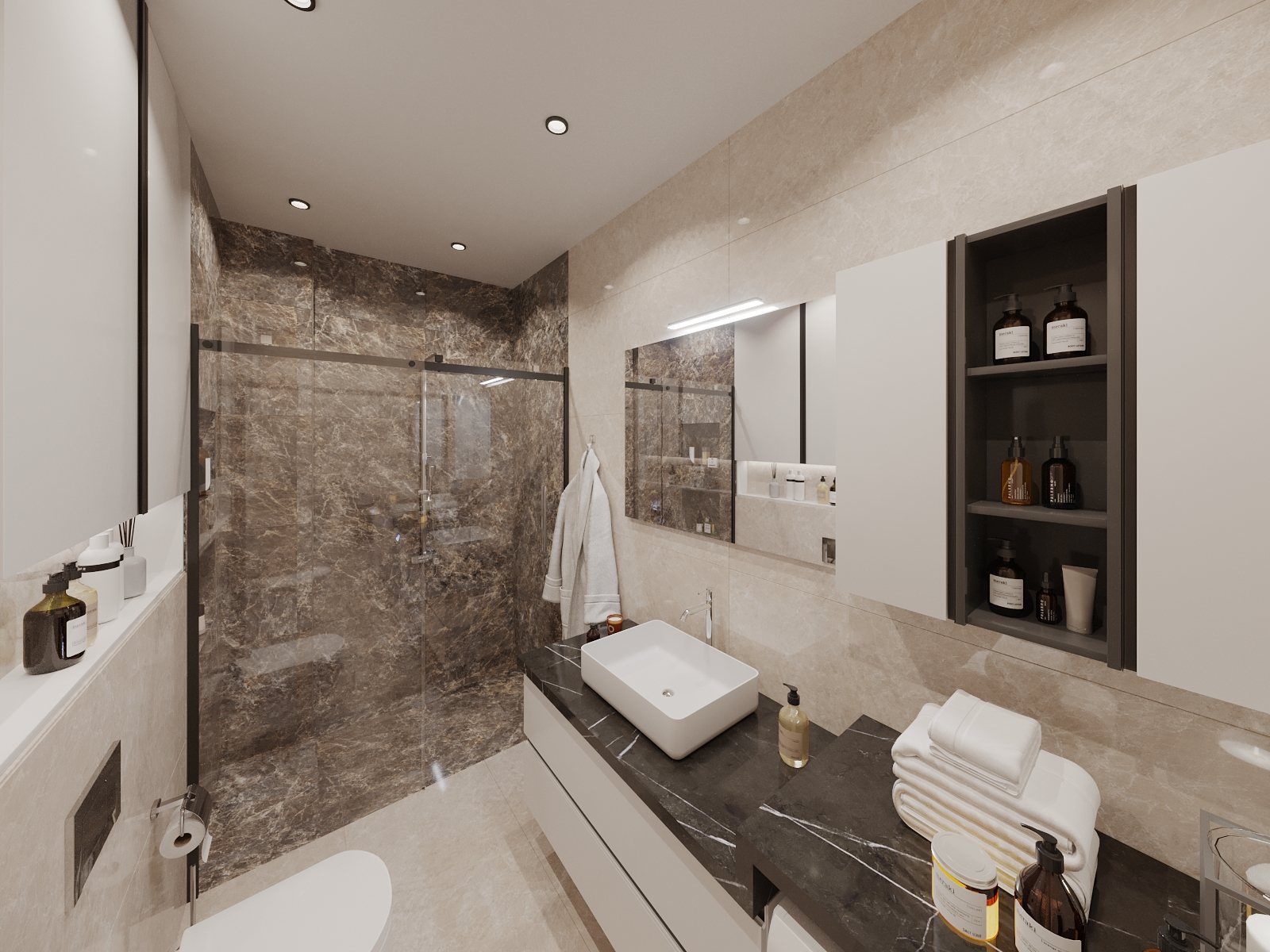 Visualisierung 3+1 Garten-Duplex: Badezimmer mit Marmorwand, Dusche hinter Glas und Waschtisch