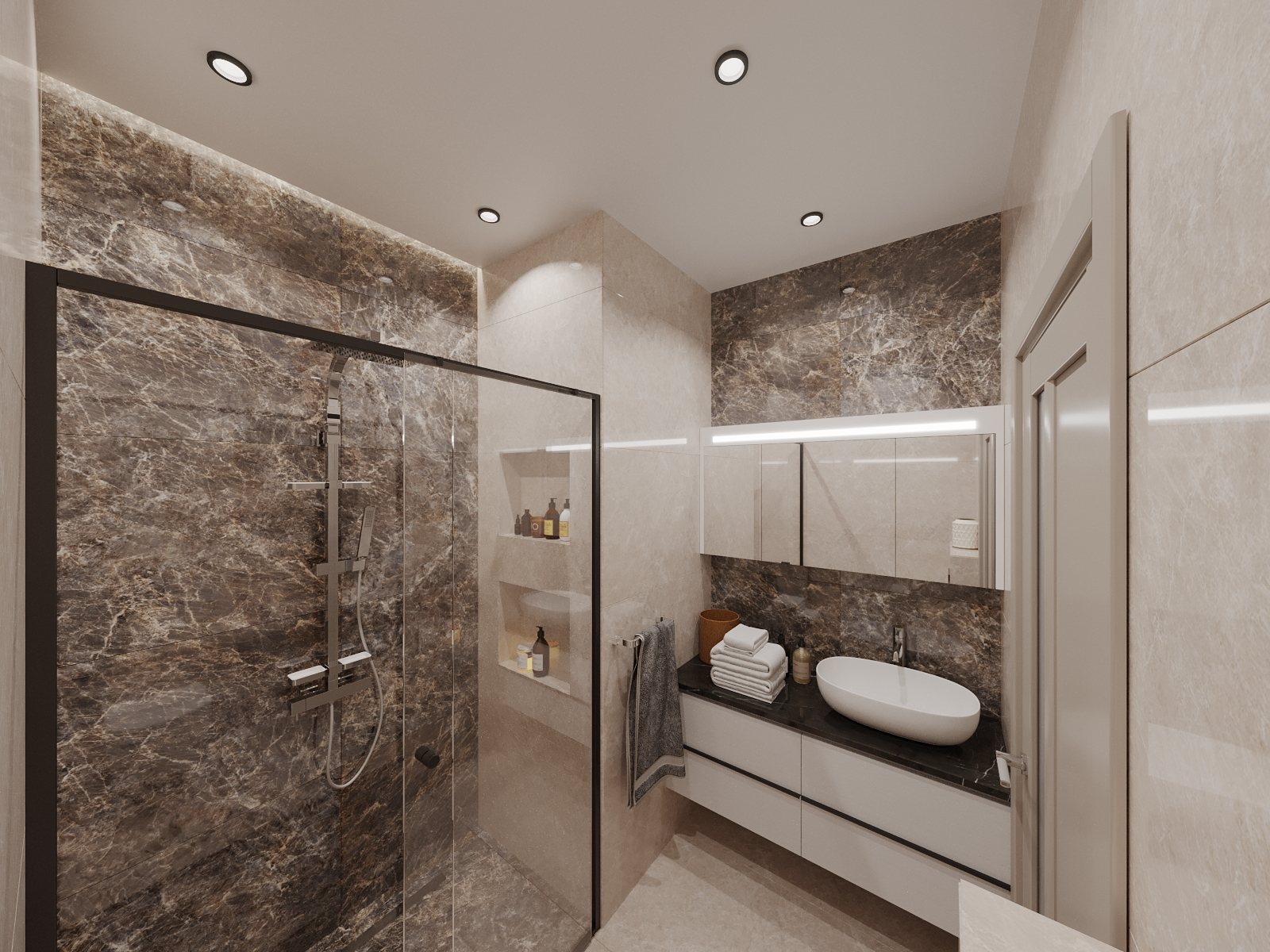 Visualisierung 3+1 Garten-Duplex: Badezimmer mit begehbarer Dusche, Marmorwand und Waschtisch