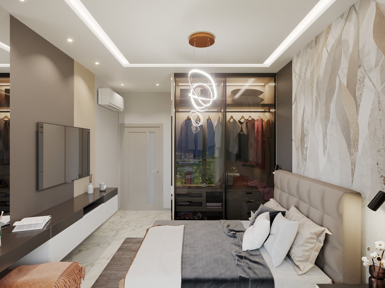 Visualisierung 3+1 Garten-Duplex: Schlafzimmer mit Doppelbett, Fernseher und begehbarem Kleiderschrank hinter Glas