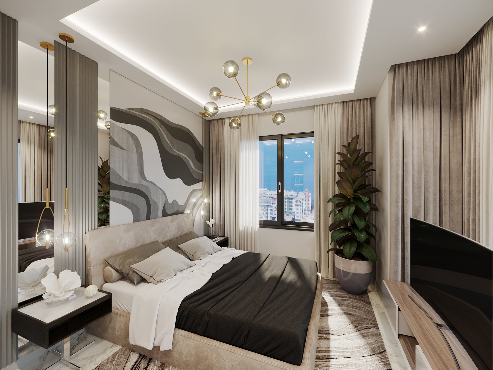 Visualisierung 2+1 Penthouse: Schlafzimmer mit Doppelbett, Wandbild und Kugelleuchte