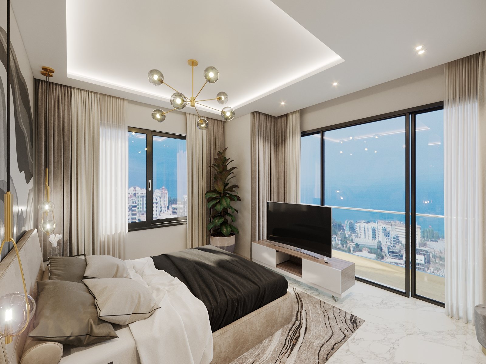 Visualisierung 2+1 Penthouse: Schlafzimmer mit Doppelbett und Fernseher, durch die Fensterfront der Blick aufs Meer