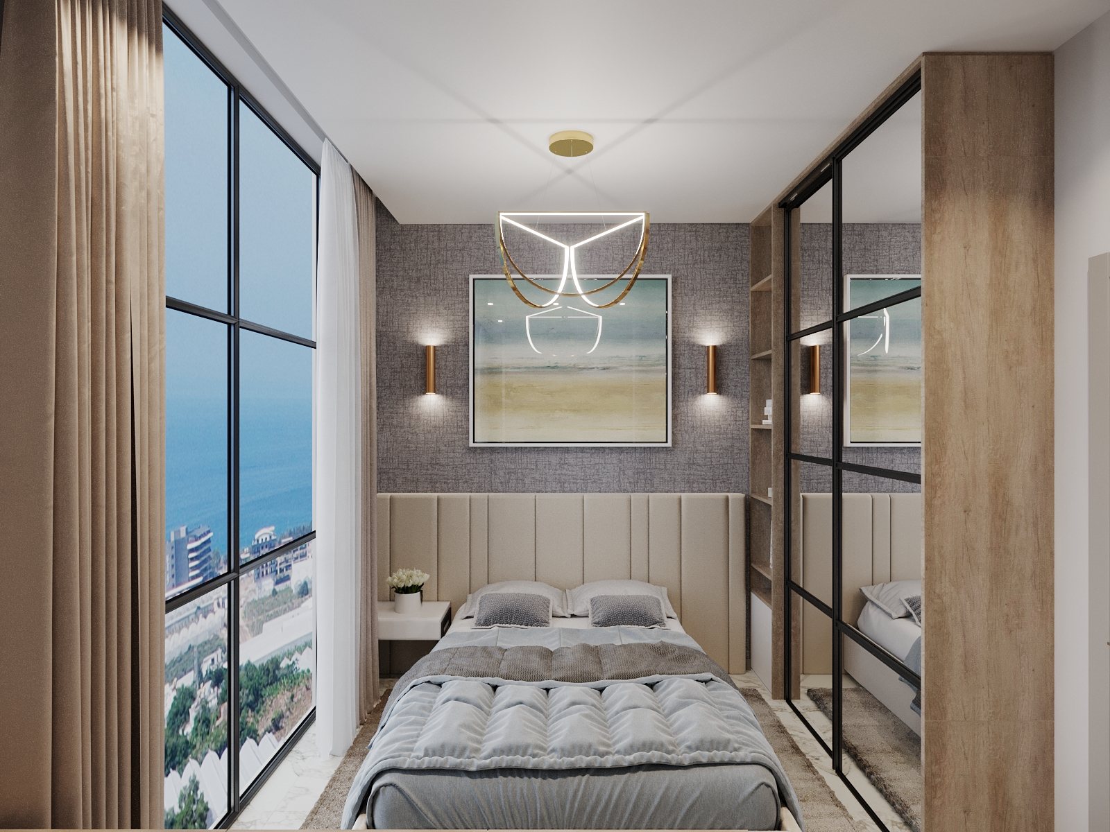 Visualisierung 2+1 Penthouse: Schlafzimmer mit Bett vor gerahmtem Fenster und Spiegelschrank