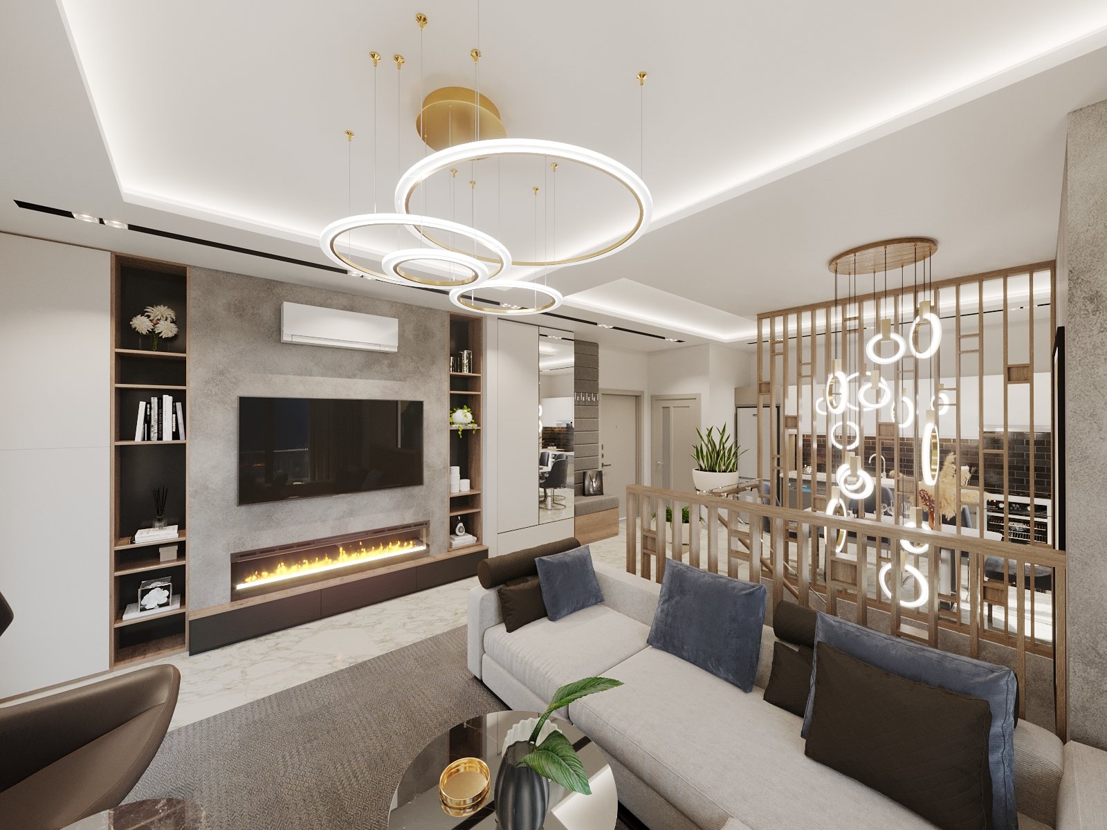 Visualisierung 2+1 Penthouse: Wohnraum mit Kamin, Sofa und Ringleuchten, rechts ein Raumteiler aus Messing