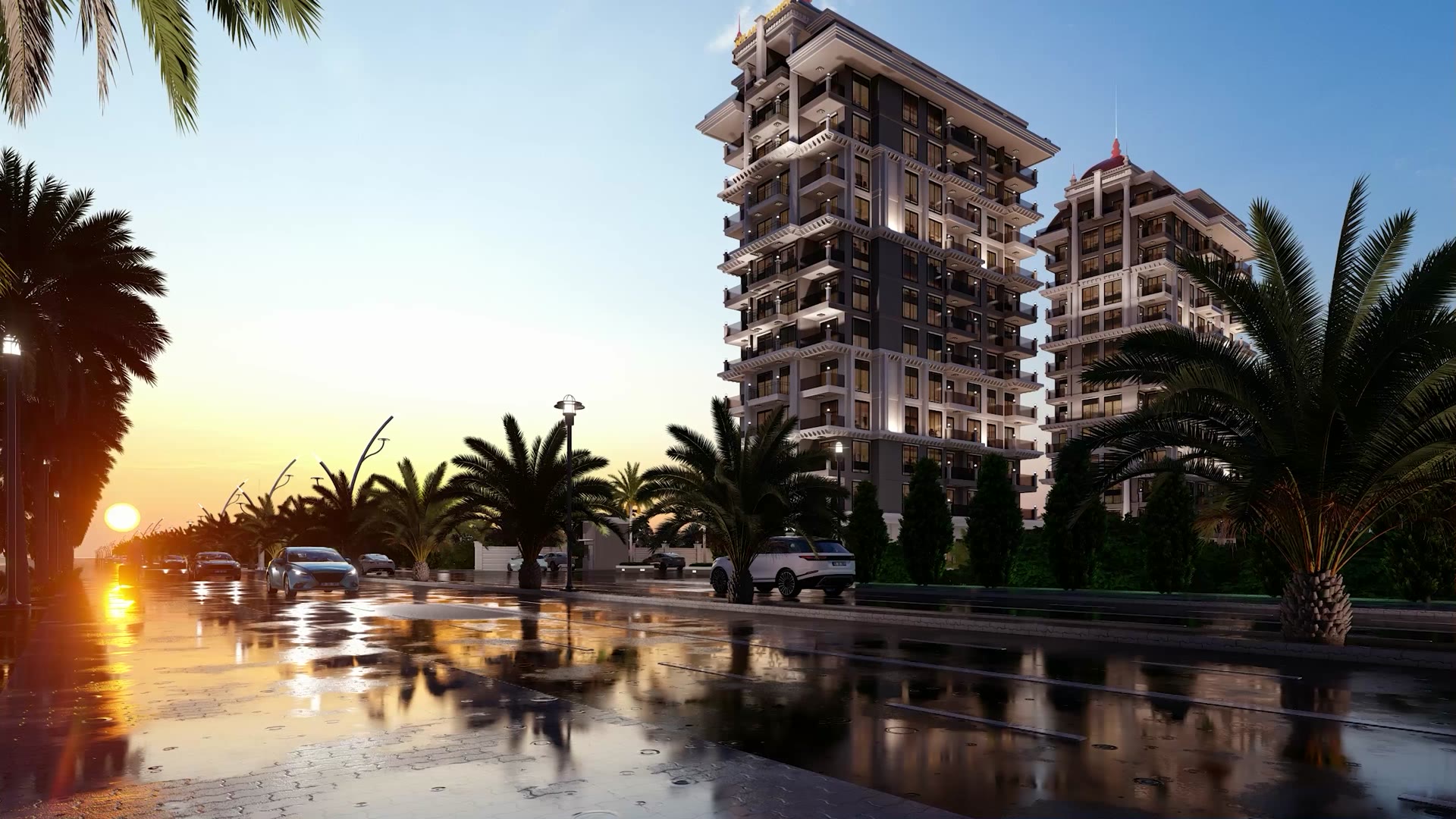 Projektfilm von Milan Towers: Kamerafahrt um die beiden geplanten Türme, über den Poolbereich und die Gemeinschaftsflächen